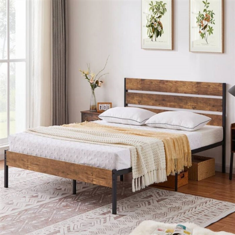 Sturdy Platform Bed Frame with Brown Wood Slats and Industrial Metal Design