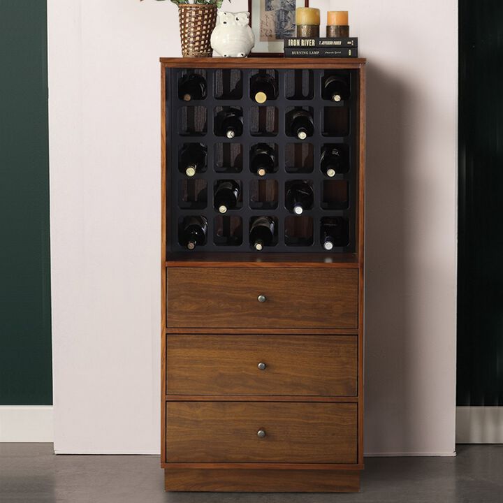Wooden Wine Cabinet with Wine Bottle Rack and Three Drawers, Brown and Black-Benzara