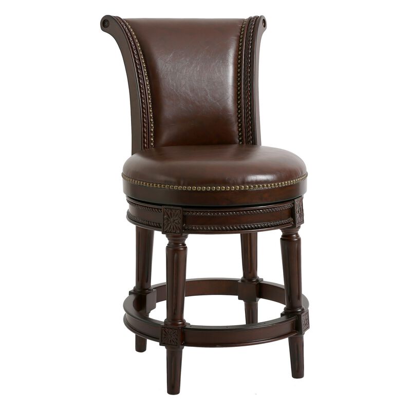 Hivvago 25 Inch Dark Brown Faux Leather and Solid Wood Counter Height Swivel Bar Chair