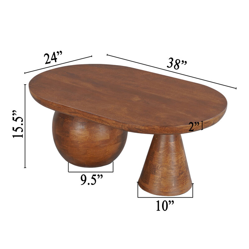 Leeds Coffee Table | 38" Handmade Walnut Brown Mango Wood Oval Top | Round Ball and Cone Base