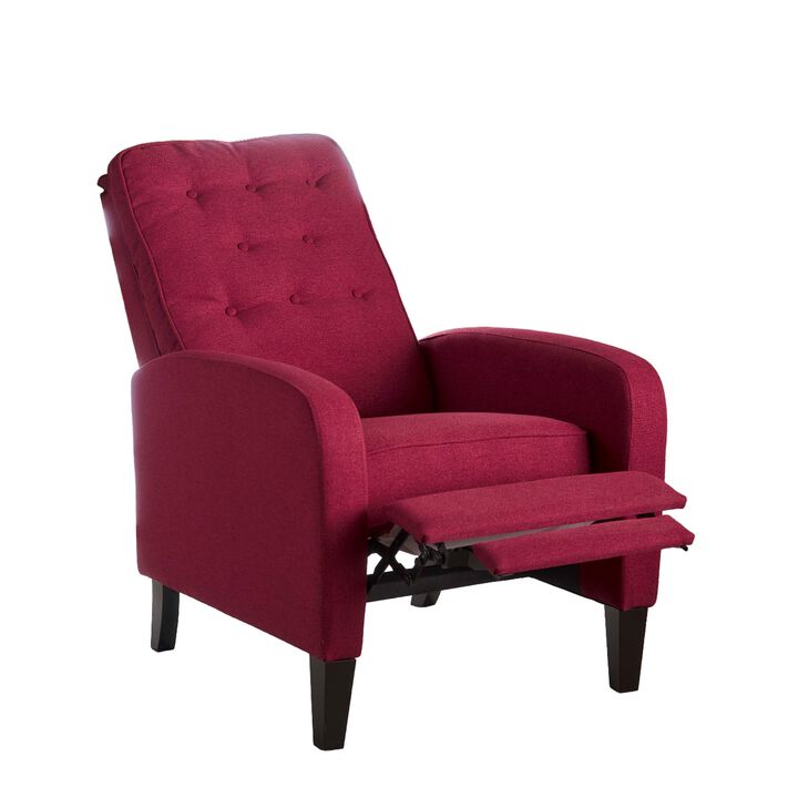 Push Back Recliner Chair, Birch Wood Legs, Red Button Tufted Polyester - Benzara