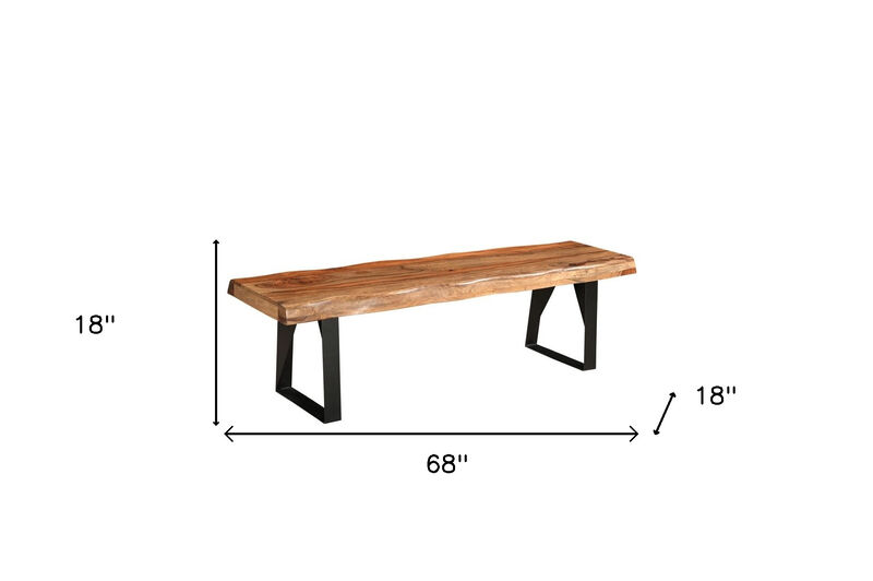 HomeRoots 68" Brown and Black Solid Wood And Metal Live Edge Dining Bench image number 6