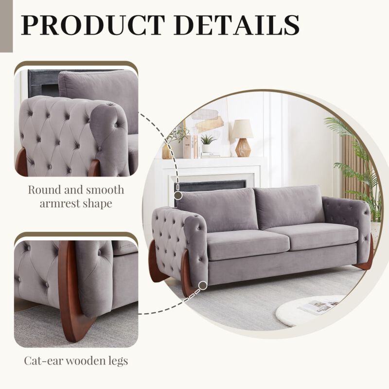 Rodcaf Mid‑Century Modern Button Tufted Velvet 3‑Seat Sofa image number 3