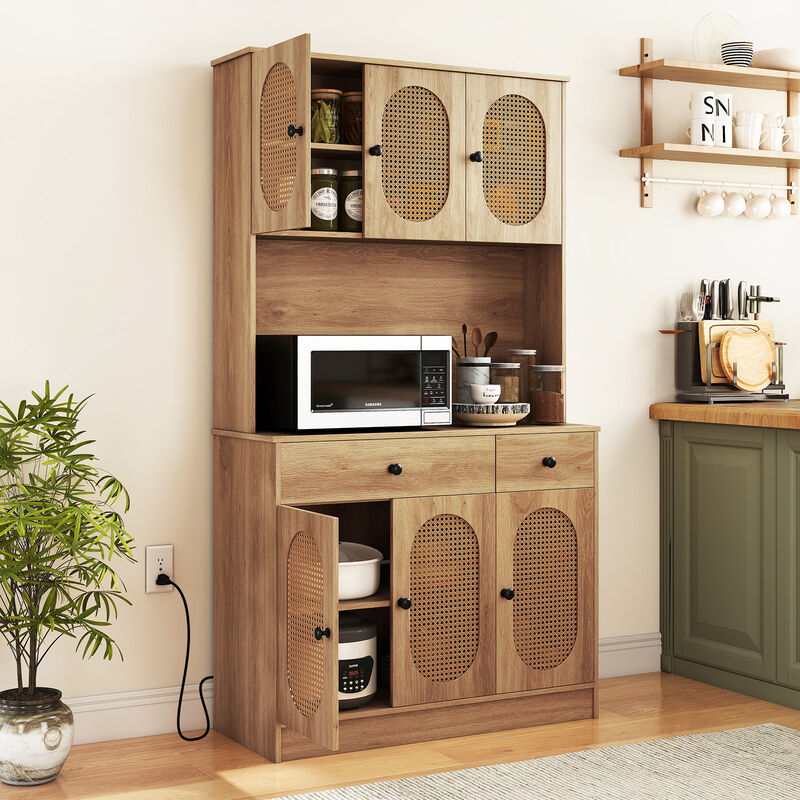 Kitchen Pantry Storage Cabinet 71" with Hutch and Charging Station &ndash; Natural image number 4