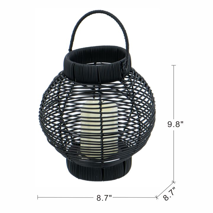 Clihome 8.7x8.7x9.8" Black Poly Rattan Lantern With White LED Candle