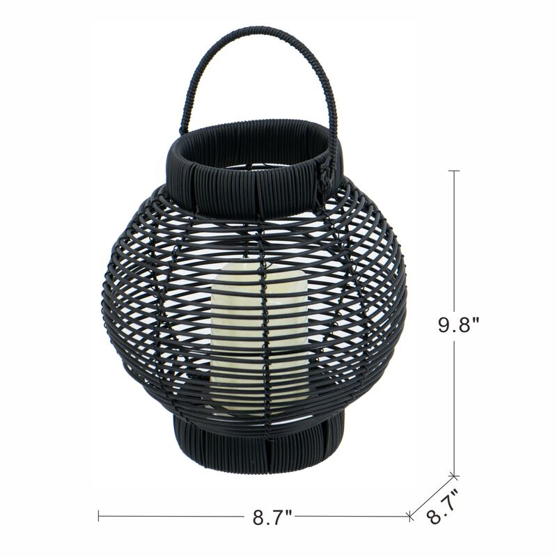 Clihome 8.7x8.7x9.8" Black Poly Rattan Lantern With White LED Candle