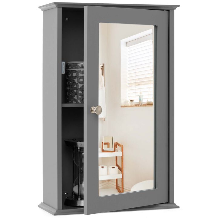 Costway Bathroom Wall Cabinet Single Mirror Door Cupboard Storage Wood Shelf Brown