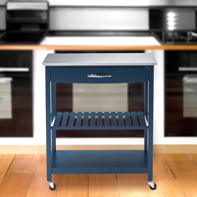 Kitchen Cart with 1 Slatted Shelf and 1 Drawer, Blue-Benzara
