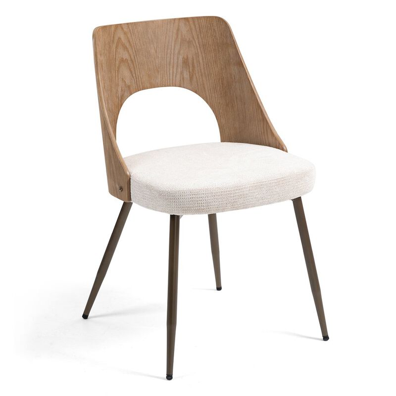 Glamour Home Set of 2 Beige Washed Boucle Fabric Dining Chair Wood Back Black Iron Legs