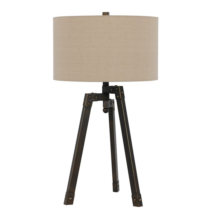 Metal Tripod Base Table Lamp with Fabric Drum Shade, Bronze and Beige - Benzara