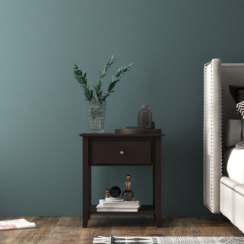 Nightstand with Drawer and Storage Shelf for Bedroom Living Room - Espresso