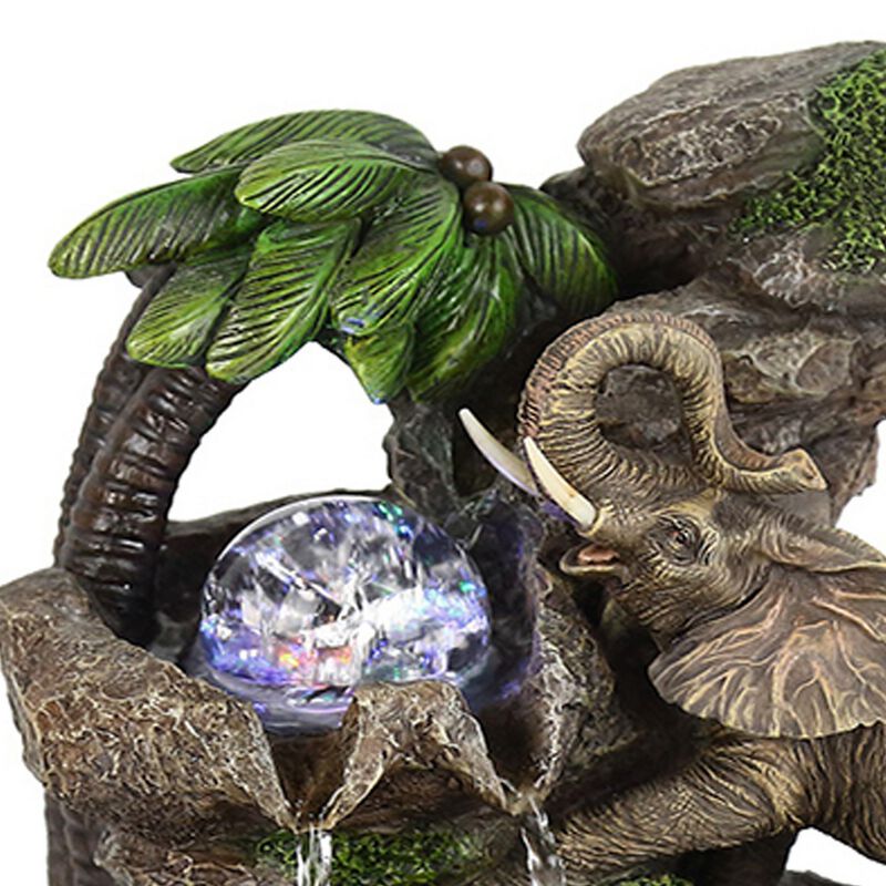 Eci 11 Inch Elephant Tabletop Water Fountain, Crystal LED Light, Multicolor - Benzara