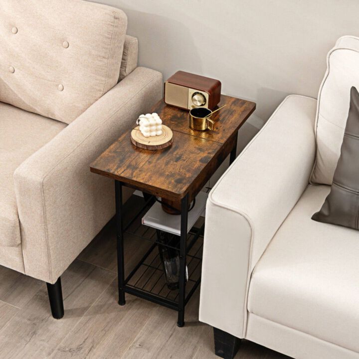 Side End Table with Charging Station Flip-Up Top for Living Room