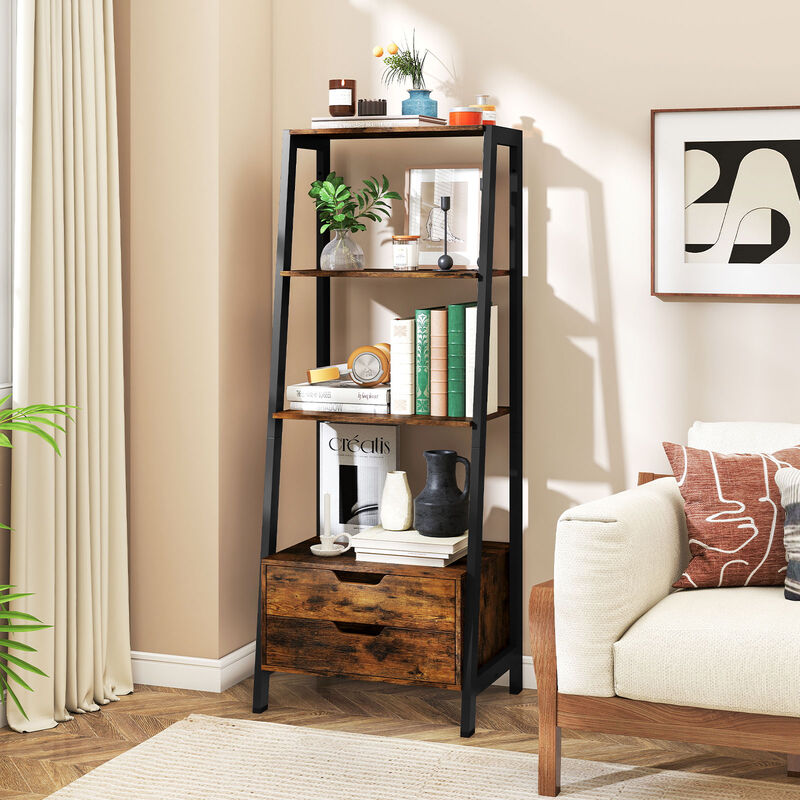 4-Tier Ladder Shelf with 2 Drawers, Freestanding Bookcase for Home or Office