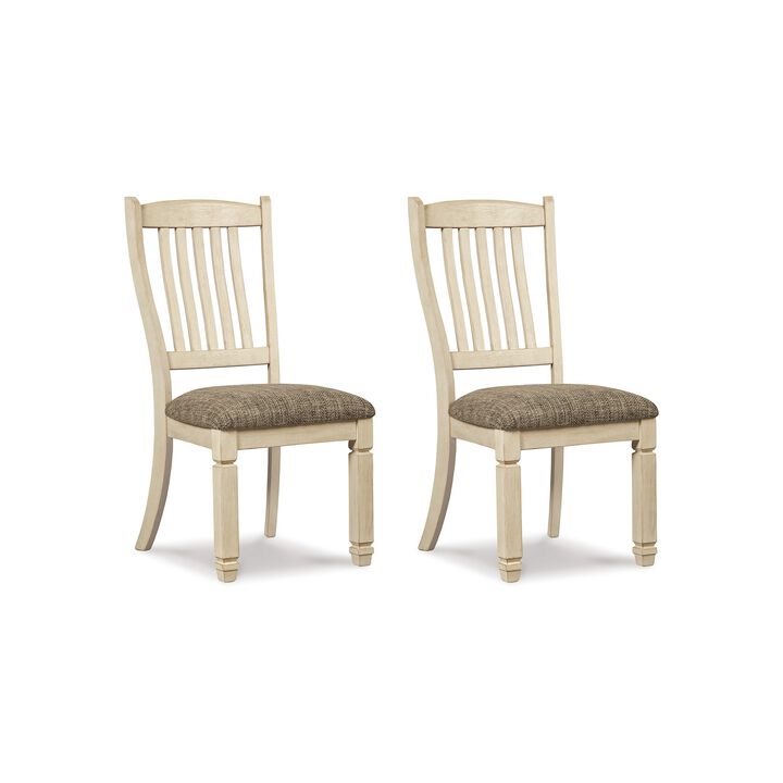 Bolan Dining Side Chair Set of 2 with Rake Back, Polyester, White Wood - Benzara