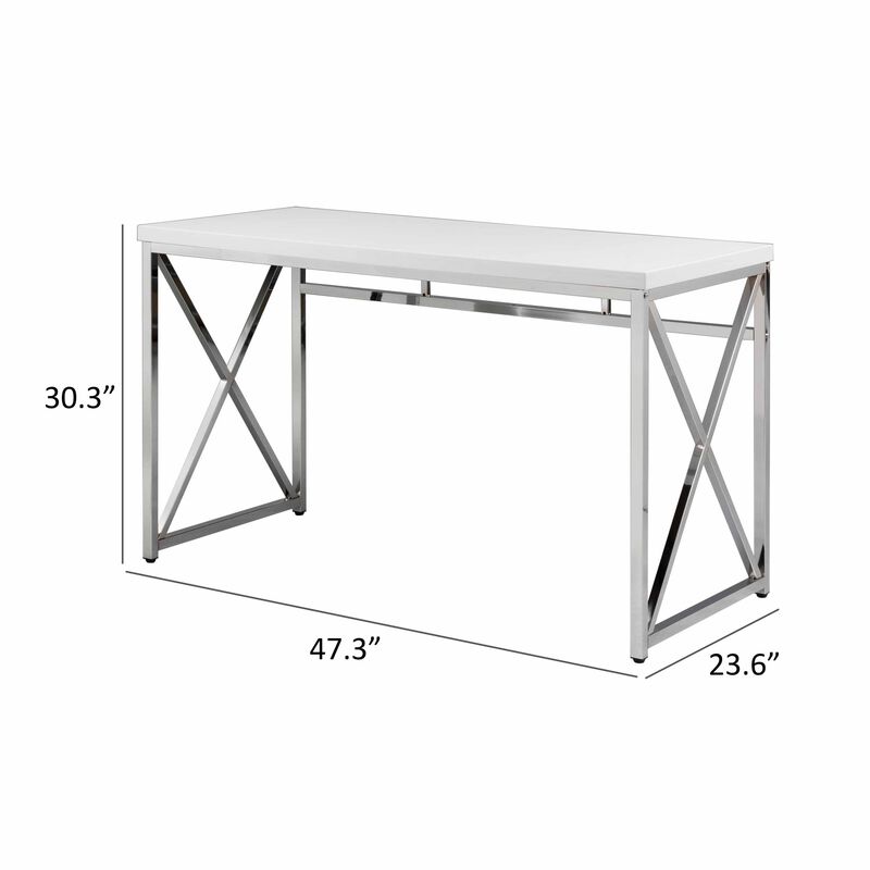 Gracie 47 Inch Desk, White Rectangular Top, Metal Legs in Chrome Finish - Benzara