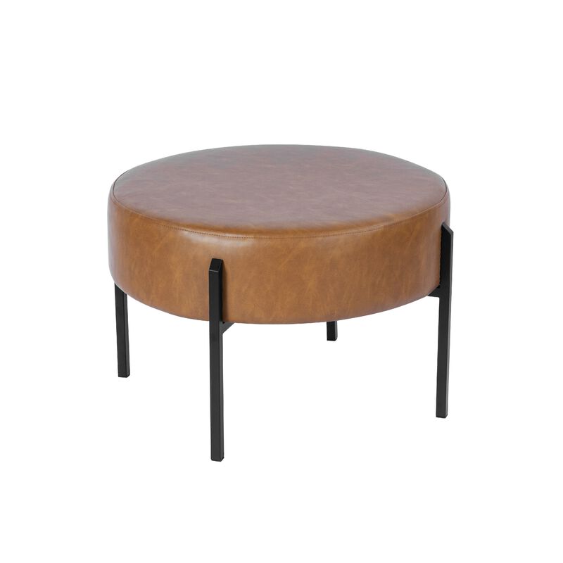 Joe Round Ottoman Footstool, Black Metal, Brown Faux Leather 28 Inch - Benzara image number 2