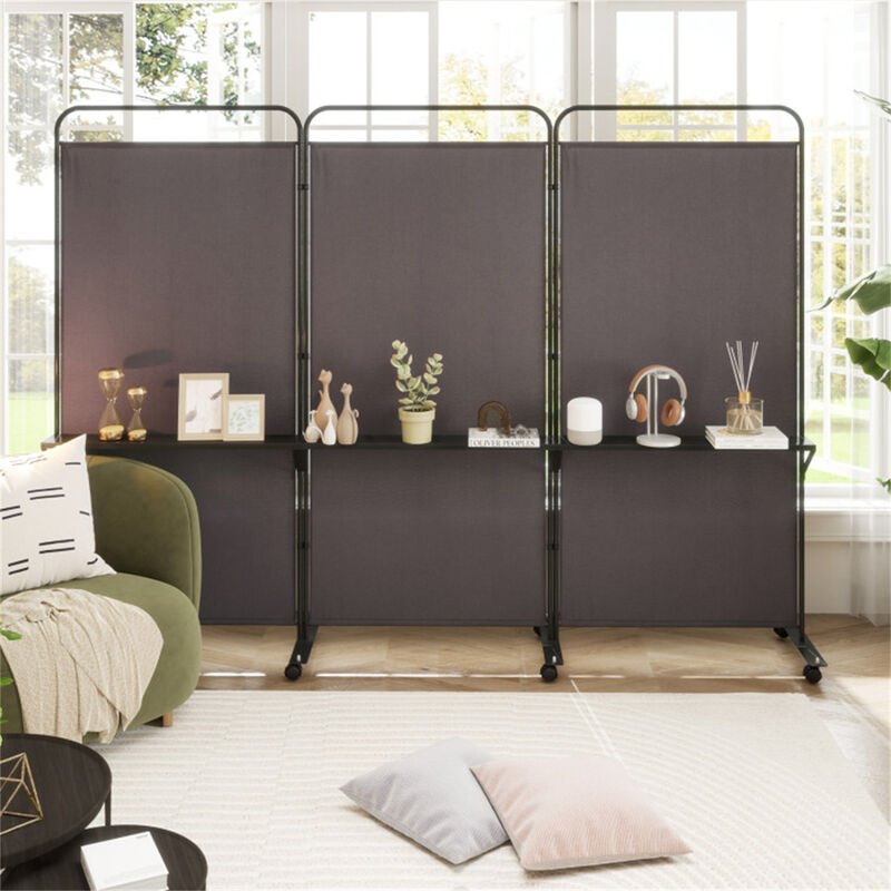 Folding Partition with 3 Panels, Lockable Wheels, and 3 Metal Shelves, Room Divider and Storage Solution