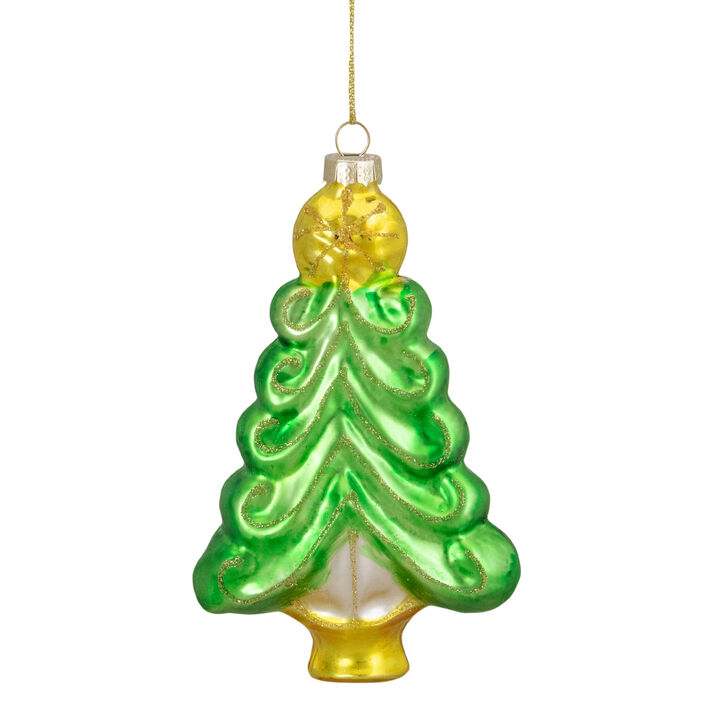 5.25" Green and Gold Glass Christmas Tree Hanging Ornament
