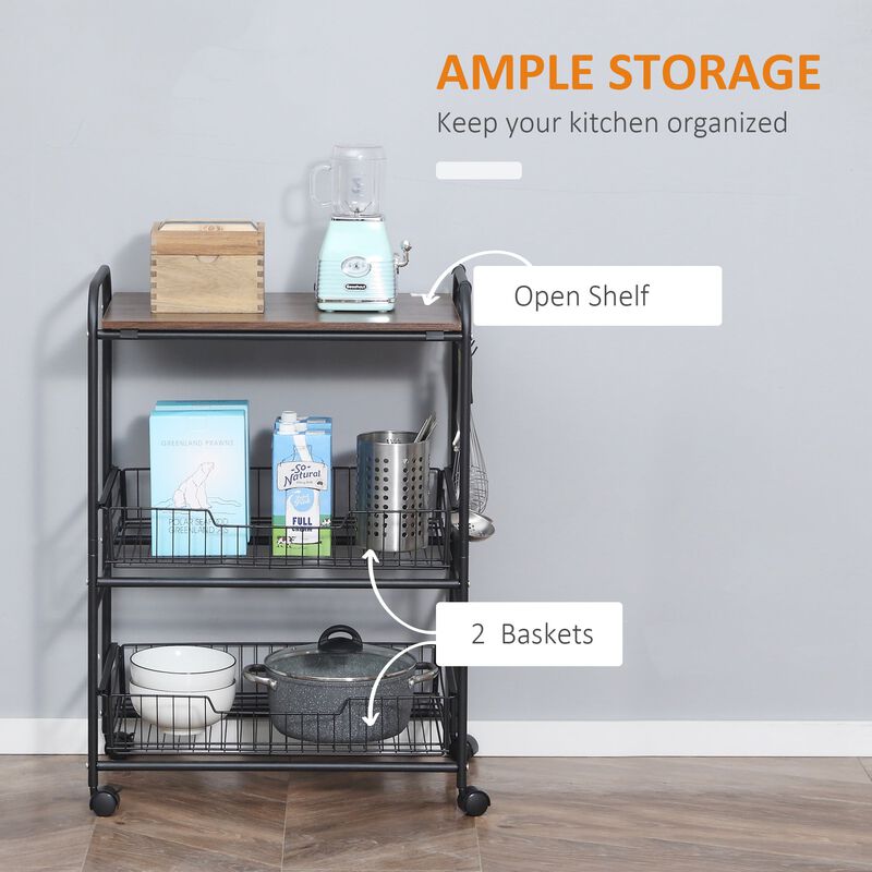 Walnut Kitchen Helper: 3-Tier Mobile Trolley with Basket Drawers image number 3