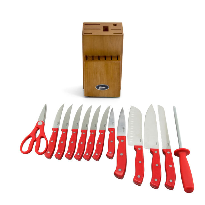 Oster Evansville 14 Piece Stainless Steel Cutlery Set with Red Handles
