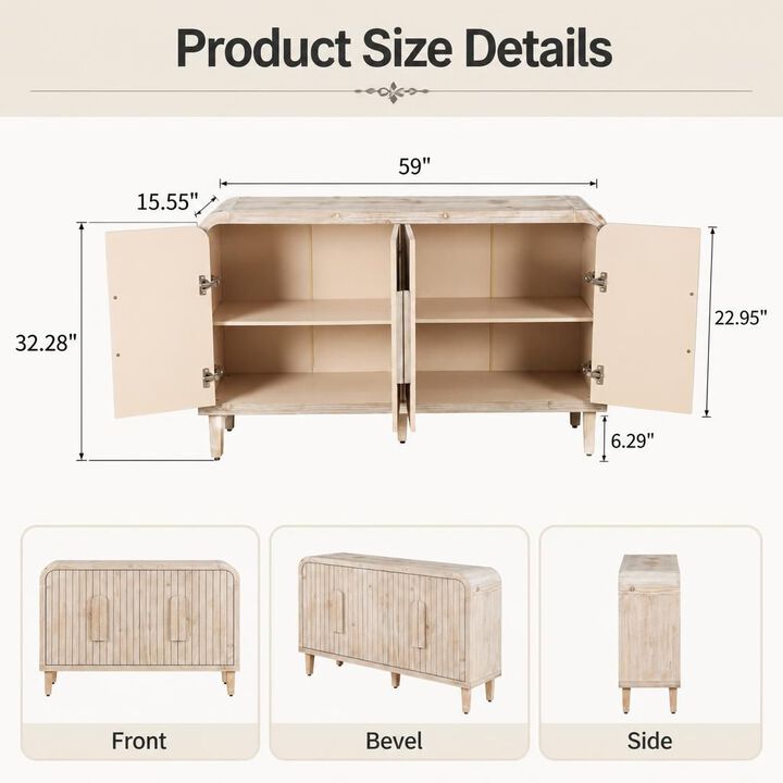 GOODSILO 59 Inch Curved Vintage Storage Sideboard with Large Wooden Handles and Adjustable Shelves for Kitchen and Dining Room Spaces