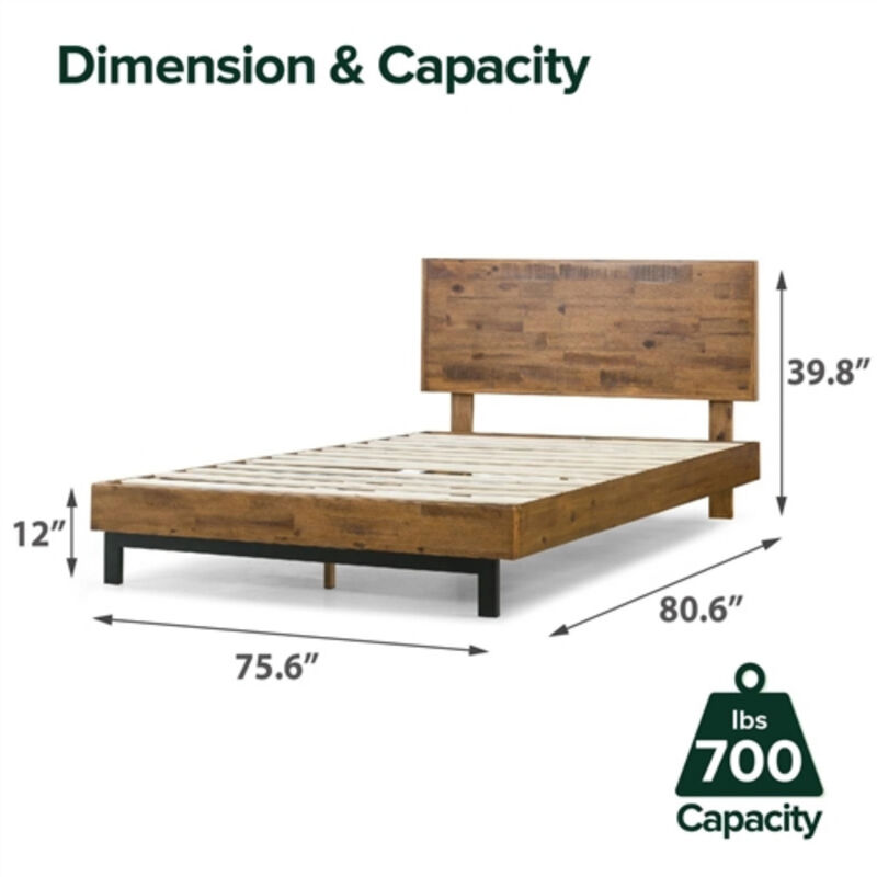 Contemporary Solid Wood Platform Bed Frame with Customizable Height Headboard