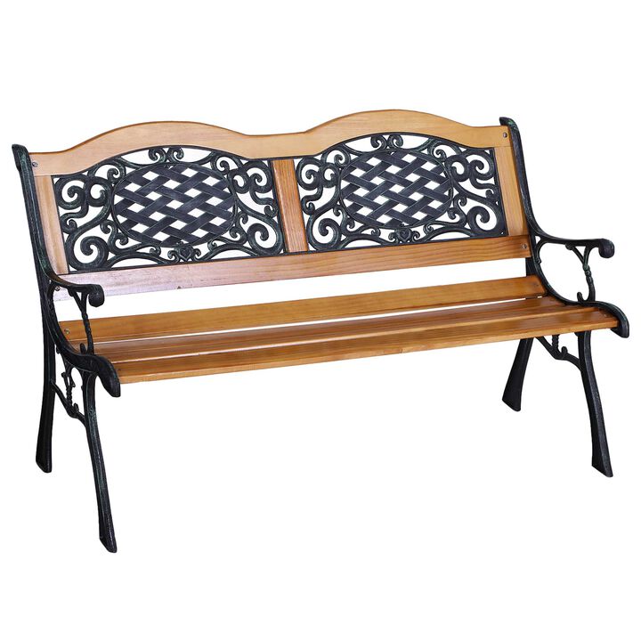 Outsunny 50" Outdoor Garden Bench, Patio Bench with Wood Seat, Porch Bench with Antique-Like Flourishes for Backyard, Deck, Lawn, Outside Pool, Teak
