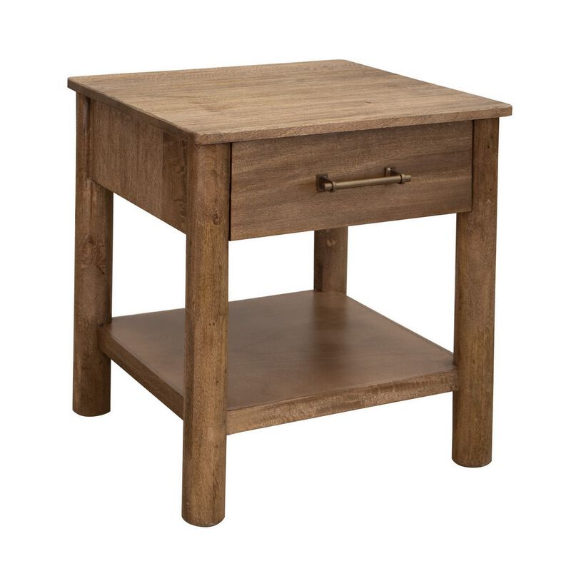 Olum 26 Inch Chairside Table, Drawer, Lower Shelf, Square Top, Wood, Brown