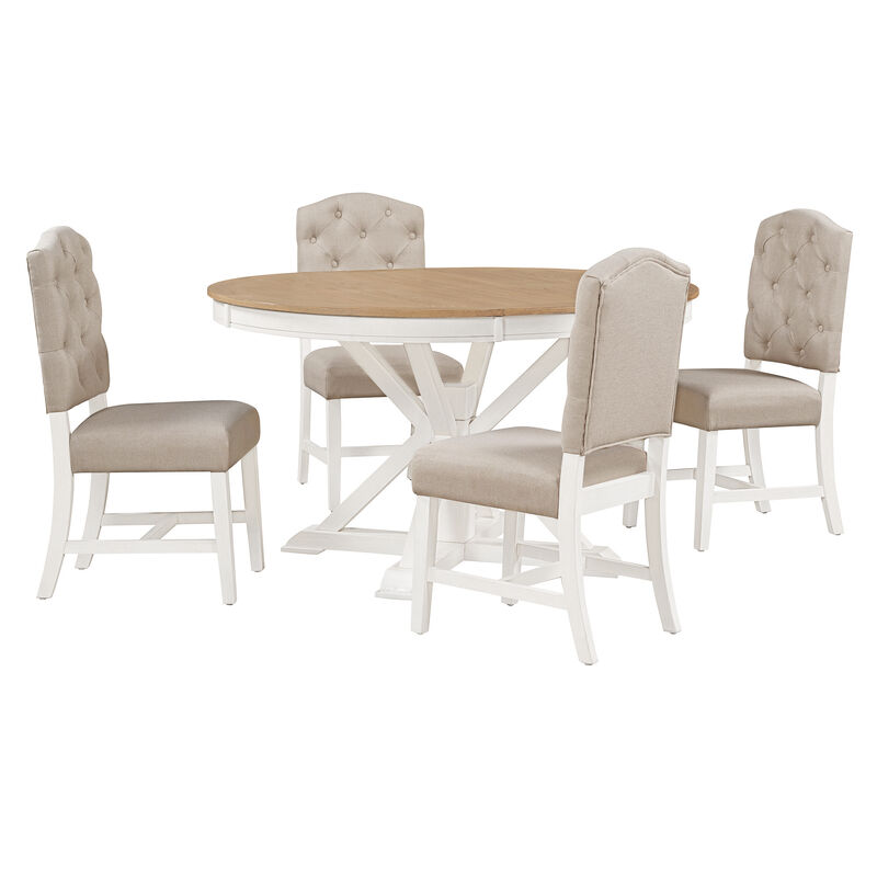 Whisen Retro Style Dining Table Set with Extendable Table and 4 Upholstered Chairs - Off-white