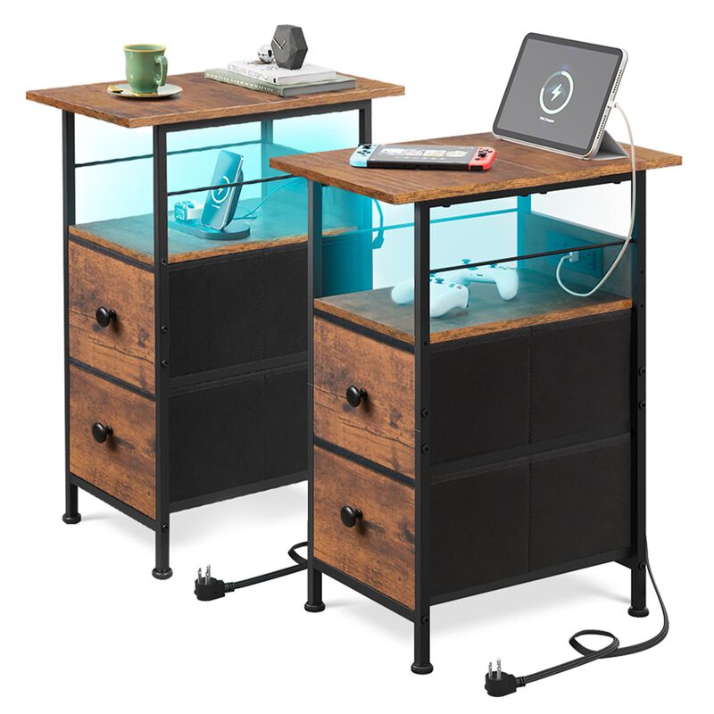 WLIVE Nightstand Set of 2 with Charging Station, End Table Sets with LED Lights, 2 Fabric Drawers and Open Shelf, Bed Side Table
