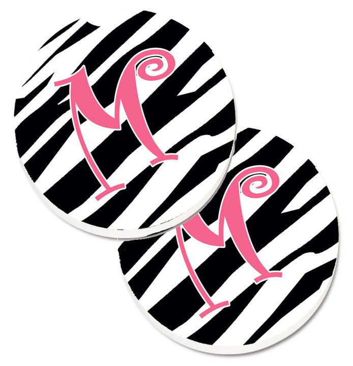 Caroline's Treasures Monogram Initial M Zebra Stripe & Pink Set of 2 Cup Holder Car Coasters CJ1037-MCARC, 2.56, Multicolor