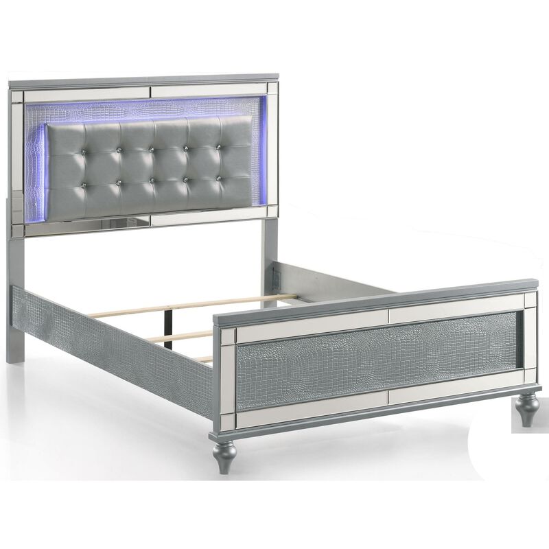 Lee Queen Size Bed, LED, Tufted Faux Leather Upholstery, Textured Silver - Benzara