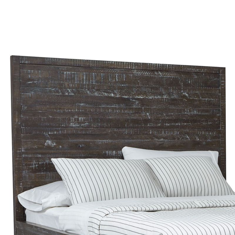 Cas California King Bed, Rustic Rough Hewn Solid Wood Planks, Dark Gray - Benzara