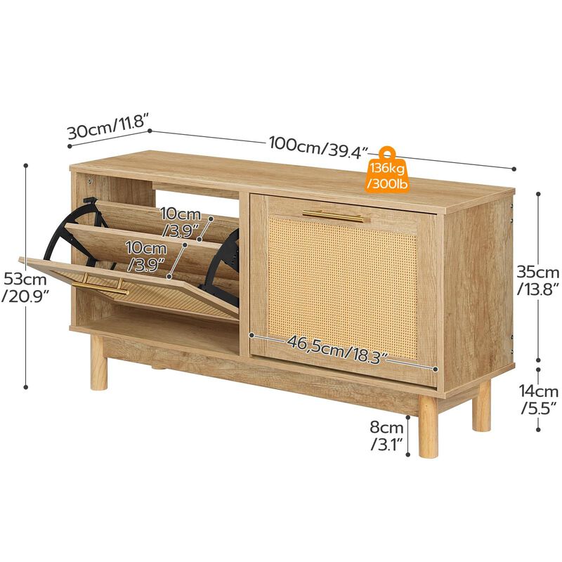 Rattan Shoe Bench with Flip-Top Drawers, Storage Organizer for Entryway image number 2