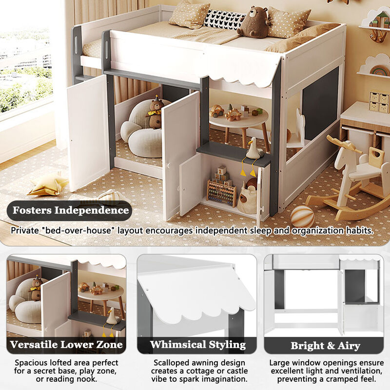 Merax Full Size Whimsical House Loft Bed with Awning & Open Play Zone image number 3