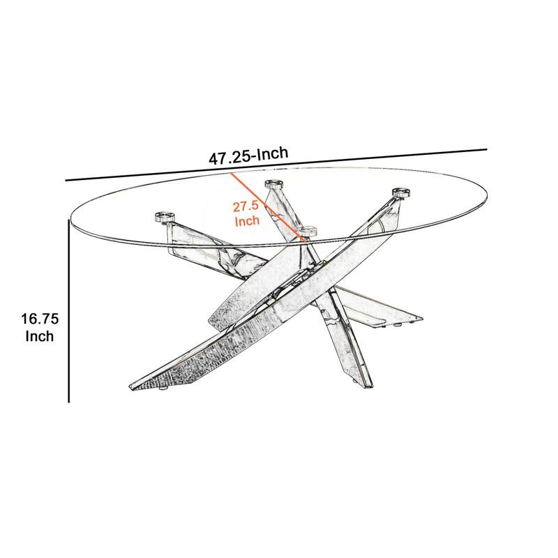 Oval Shape Glass Top Coffee Table with Criss Cross Base, Silver and Clear