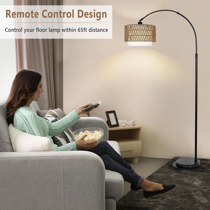 ELEMENT ACE Height Adjustable Arc Floor Lamp with Dimmable LED Bulb, Remote & Foot Control, Dual Rattan & Fabric Lampshades for Living Room Bedroom Decor