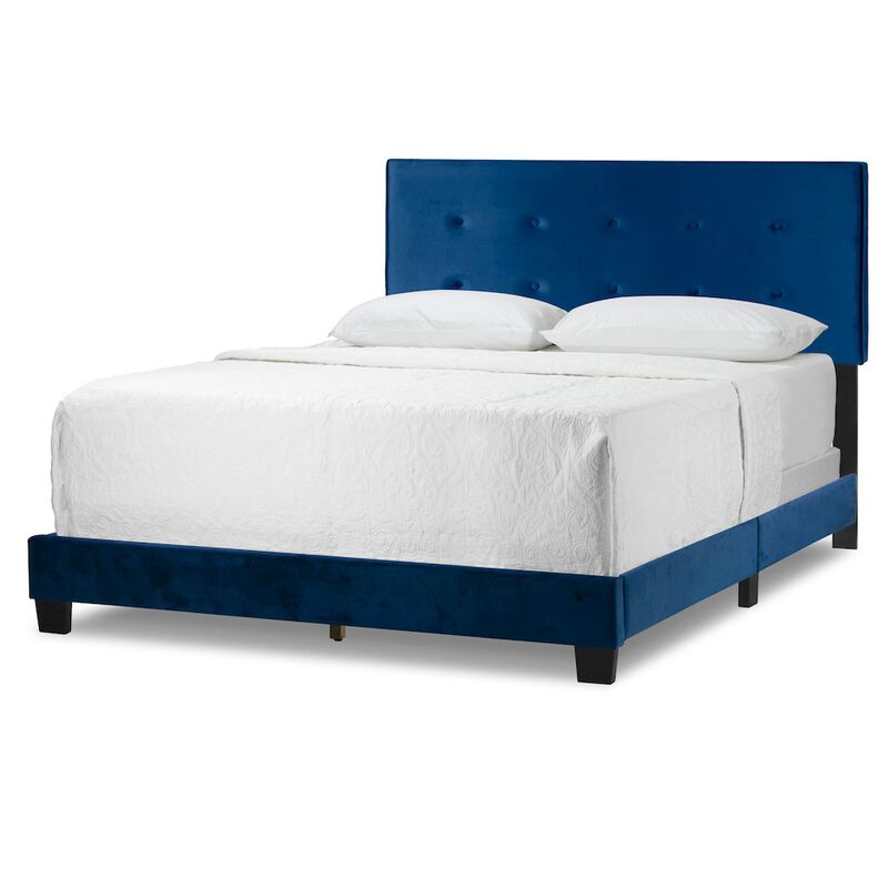 Glamour Home Auryon Navy Blue Velvety Fabric Queen Bed with Button Tufting