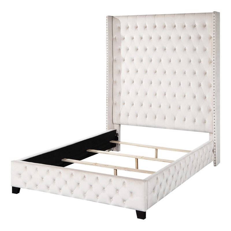 Daisy Wood Modern Queen Size Bed, Wingback, Button Tufted, Beige Velvet