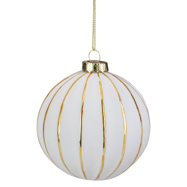 4" Glittered White and Gold Striped Glass Christmas Ball Ornament