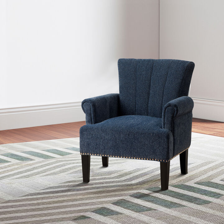 Accent Chair with Fabric Upholstery and Channel Tufting, Navy Blue-Benzara