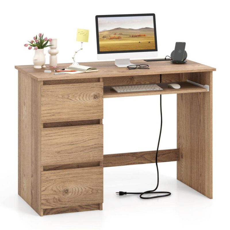 Computer Desk with Power Outlet Keyboard Tray and 3 Large Drawers