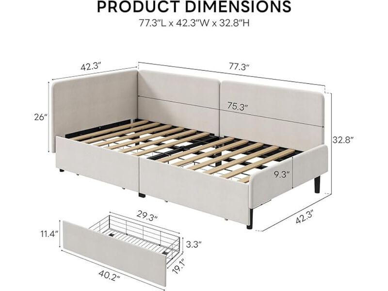 Twin Daybed &ndash; Beige Fabric Frame with Storage Drawers, Safety Rails & Convertible Sofa image number 1