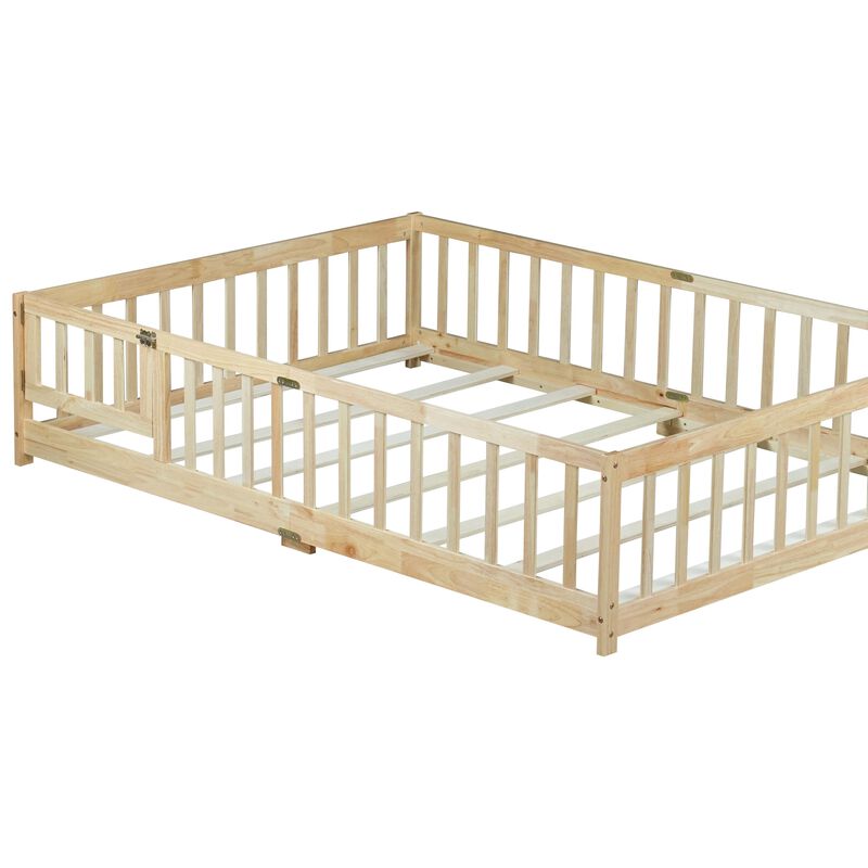 Whisen Full-Size Floor Bed with Safety Enclosure and Door, Rubber Wood Frame with Guardrail Fence image number 6