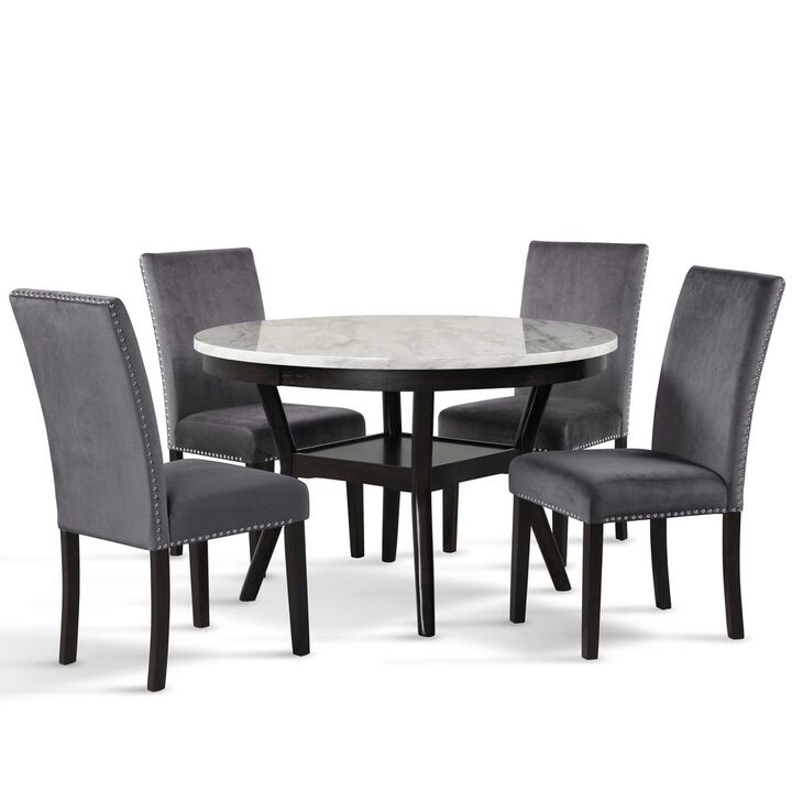 New Classic Furniture Furniture Celeste 5-Pc Faux Marble Round Dining Set  4 Chair-Gray