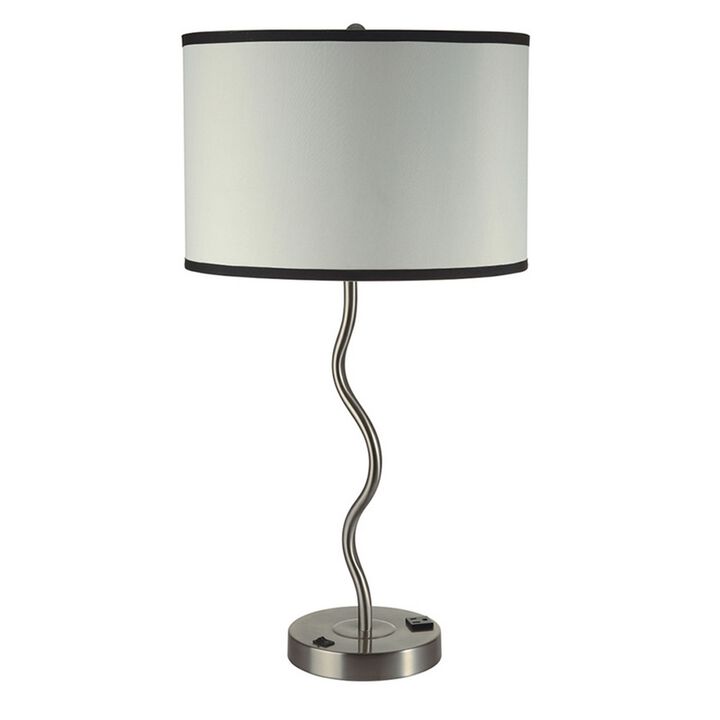 29 Inch Round Drum Shade Table Lamp, Curved Tubular Frame, Silver - Benzara