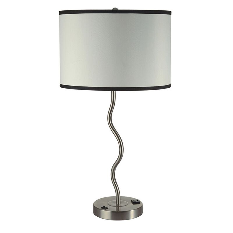 29 Inch Round Drum Shade Table Lamp, Curved Tubular Frame, Silver - Benzara
