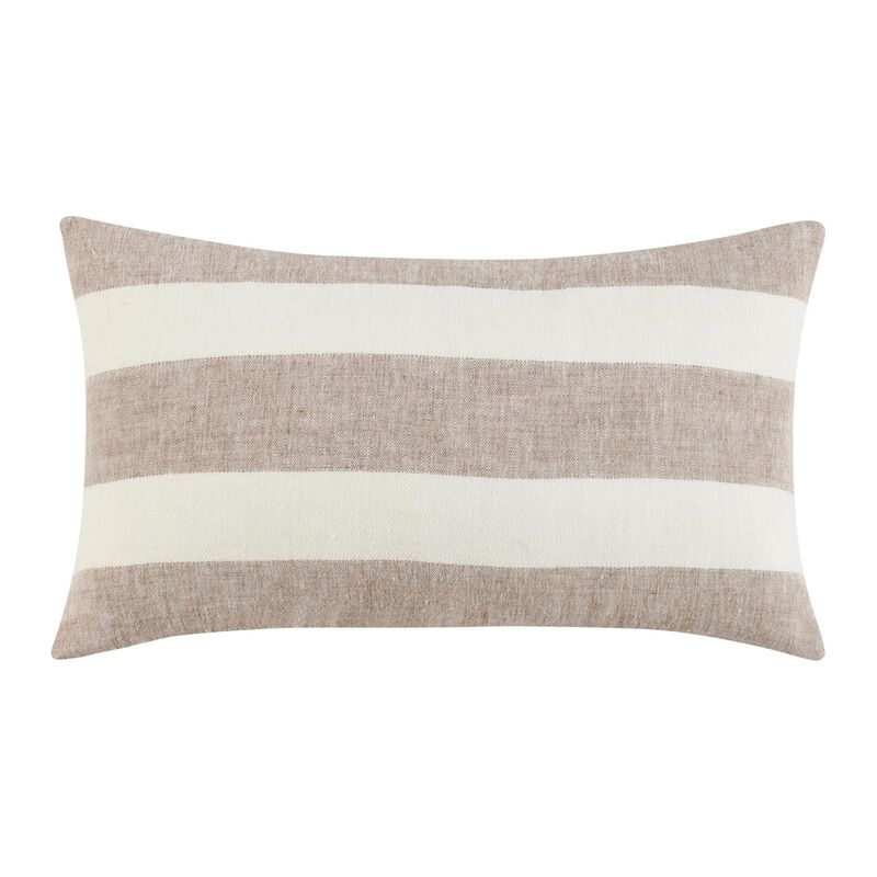 Lumbar Throw Pillow, 14x26 Inch Horizontal Stripes, White, Brown Linen - Benzara