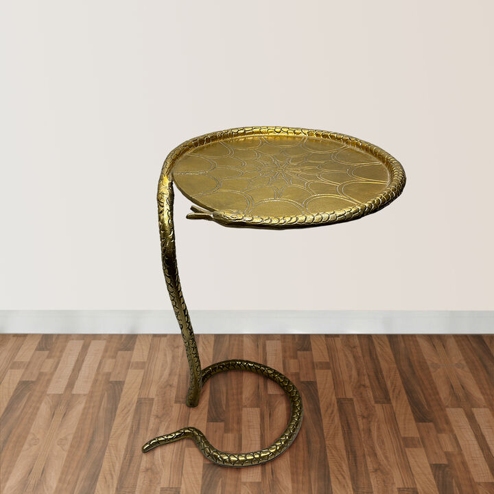 22 Inch Side End Table, Handcrafted Textured Snake Skin Pattern Base, Brass Aluminum - Benzara